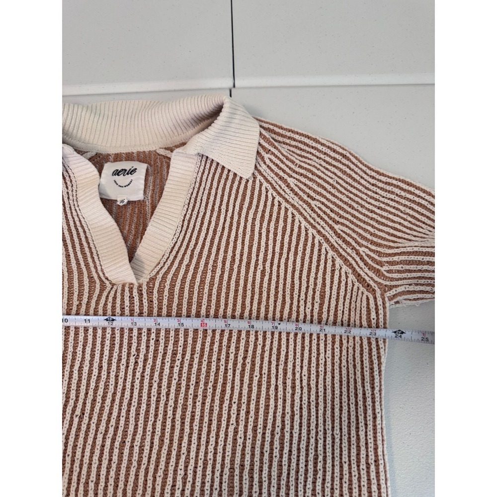Aerie Tan Cream Striped Ribbed Knit Polo Sweater V-Neck Raglan Long Sleeve S m3 - Picture 6 of 7